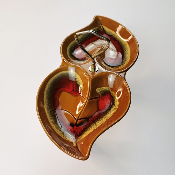 Divided Ceramic Double Leaf Shape Dish with Handle 70s Made in Japan - Picture 3 of 11